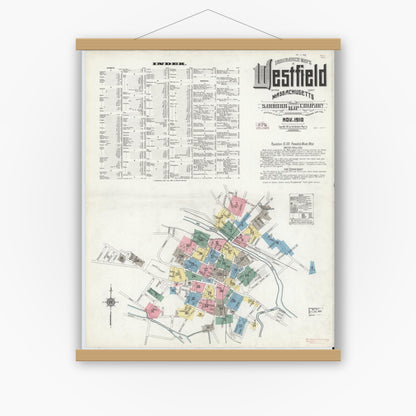 Old map wall art mockup — magnetic wood frame on white wall — Sanborn Fire Insurance Map from Westfield, Hampden County, Massachusetts (1910), Sheet #0001