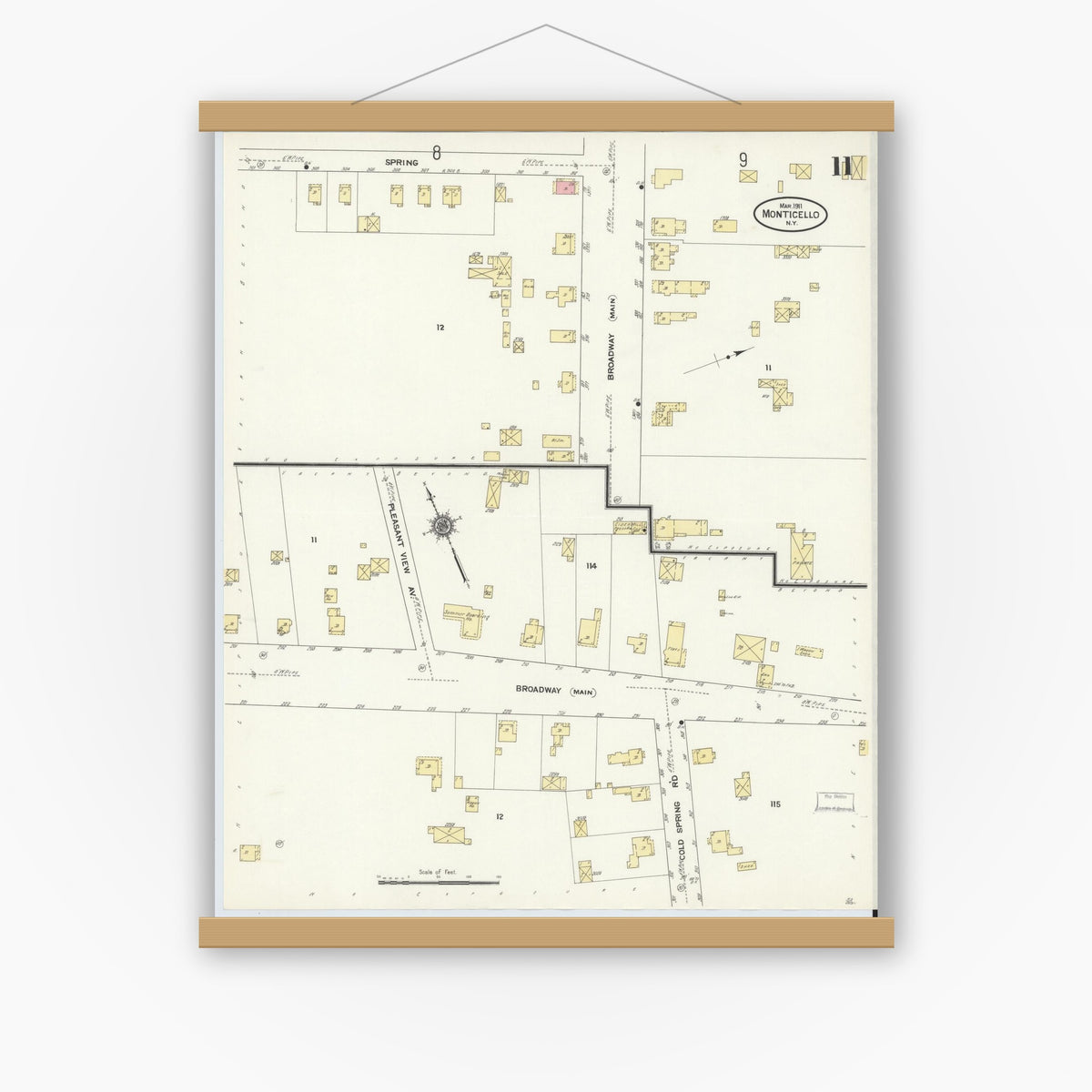 Old map wall art mockup — magnetic wood frame on white wall — Sanborn Fire Insurance Map from Monticello, Sullivan County, New York (1911), Sheet #0011