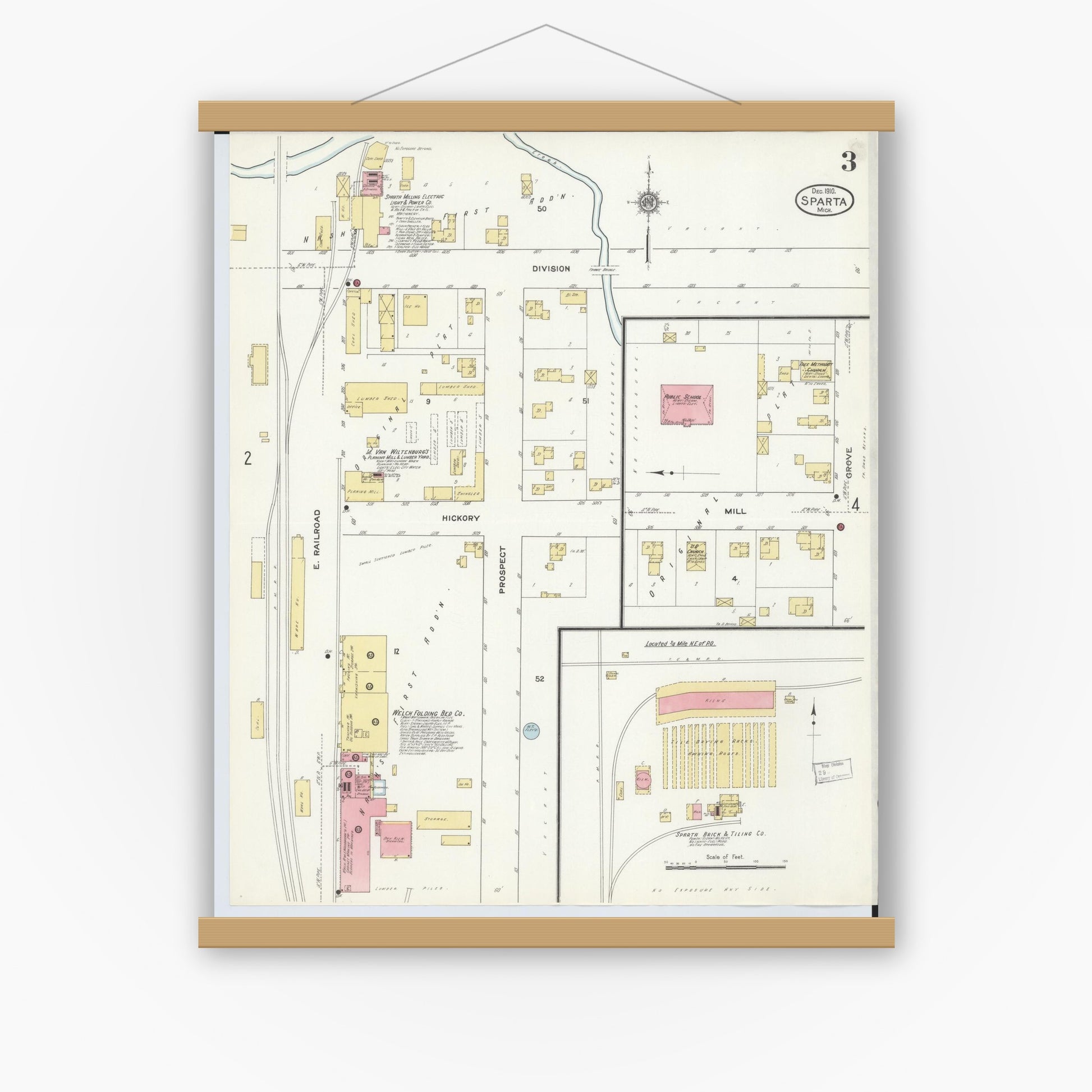 Old map wall art mockup — magnetic wood frame on white wall — Sanborn Fire Insurance Map from Sparta, Kent County, Michigan (1910), Sheet #0003