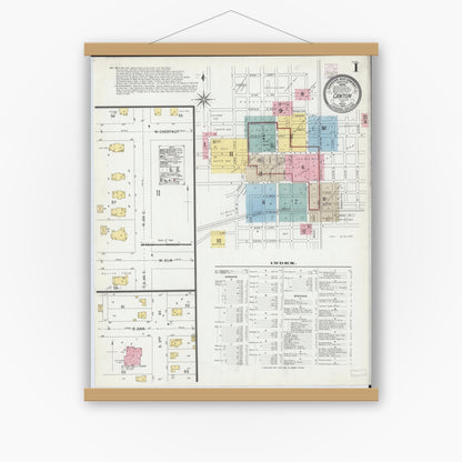 Old map wall art mockup — magnetic wood frame on white wall — Sanborn Fire Insurance Map from Canton, Fulton County, Illinois (1902) - Complete Map Set
