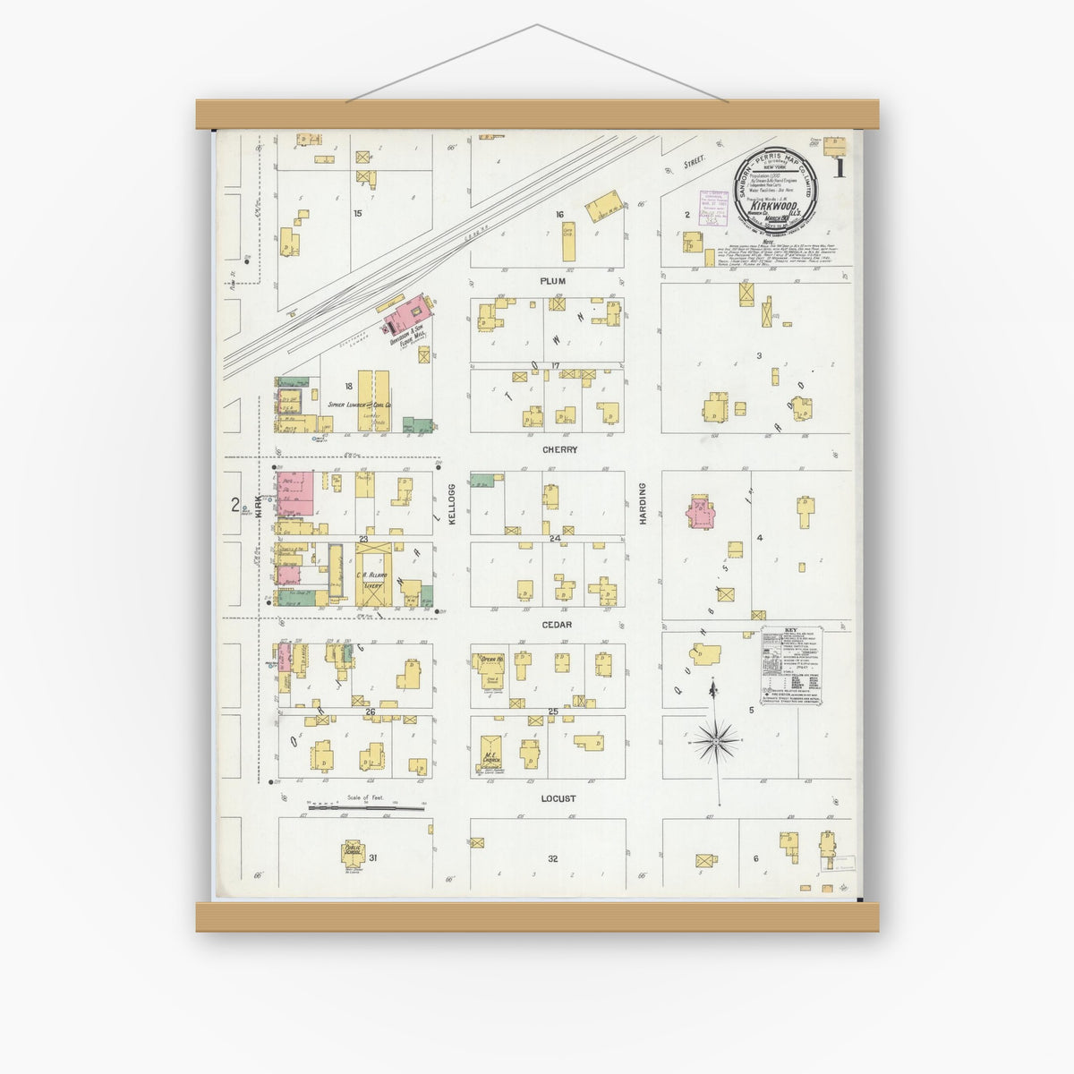 Old map wall art mockup — magnetic wood frame on white wall — Sanborn Fire Insurance Map from Kirkwood, Warren County, Illinois (1901), Sheet #0001