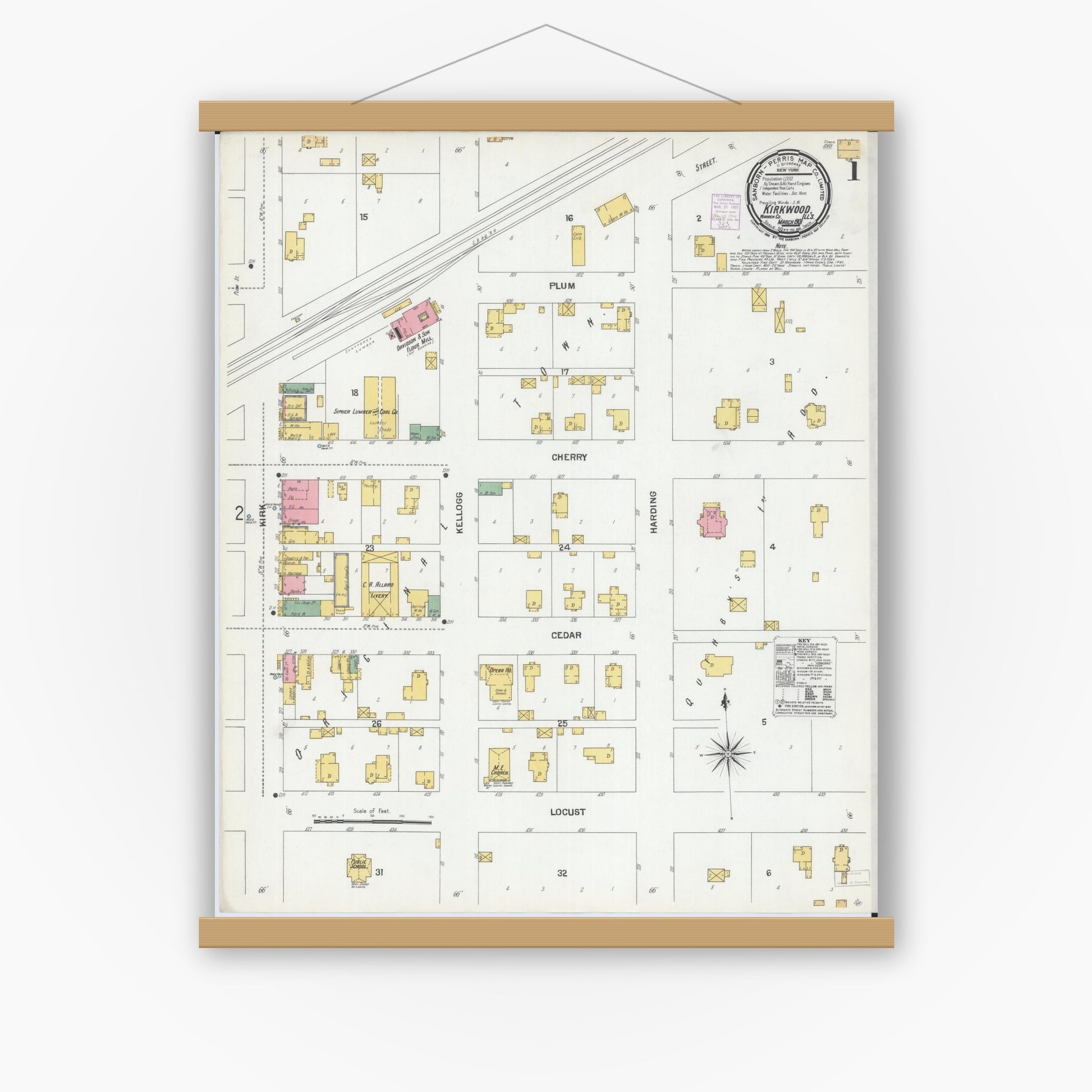 Old map wall art mockup — magnetic wood frame on white wall — Sanborn Fire Insurance Map from Kirkwood, Warren County, Illinois (1901), Sheet #0001