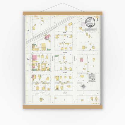 Old map wall art mockup — magnetic wood frame on white wall — Sanborn Fire Insurance Map from Kirkwood, Warren County, Illinois (1901), Sheet #0001