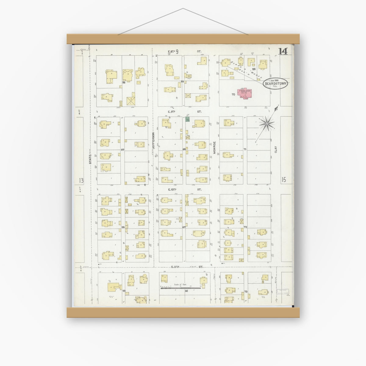 Old map wall art mockup — magnetic wood frame on white wall — Sanborn Fire Insurance Map from Beardstown, Cass County, Illinois (1906), Sheet #0014