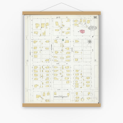 Old map wall art mockup — magnetic wood frame on white wall — Sanborn Fire Insurance Map from Beardstown, Cass County, Illinois (1906), Sheet #0014