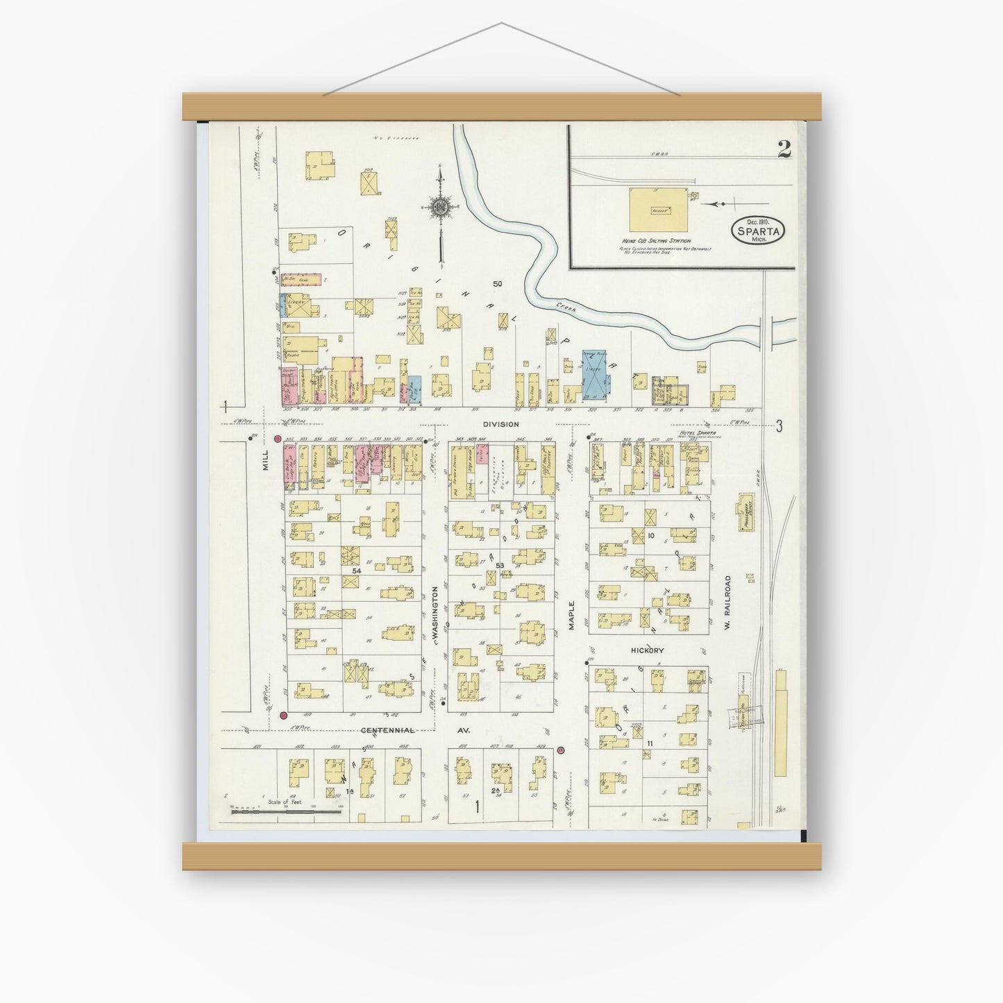 Old map wall art mockup — magnetic wood frame on white wall — Sanborn Fire Insurance Map from Sparta, Kent County, Michigan (1910), Sheet #0002