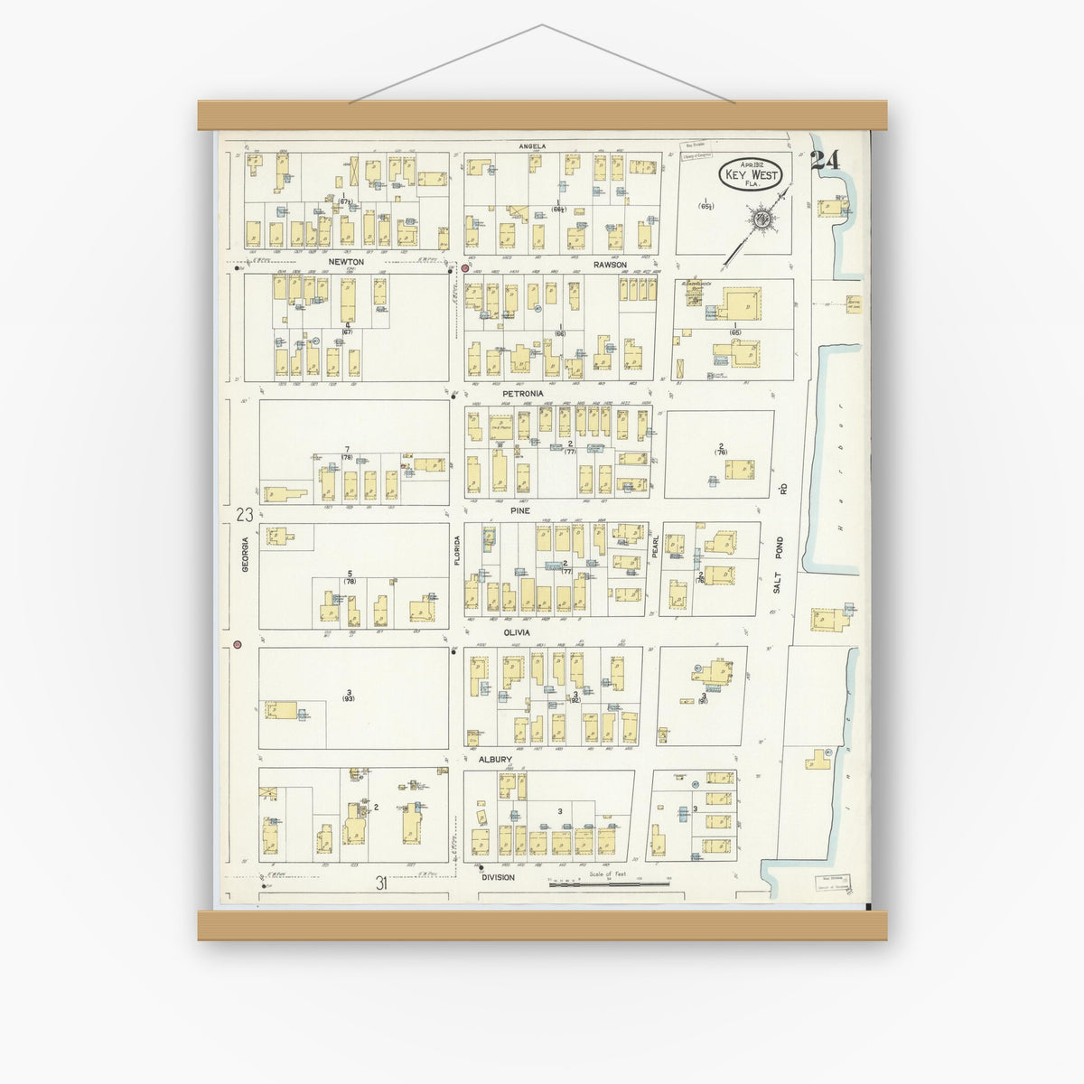 Old map wall art mockup — magnetic wood frame on white wall — Sanborn Fire Insurance Map from Key West, Monroe County, Florida (1912), Sheet #0024