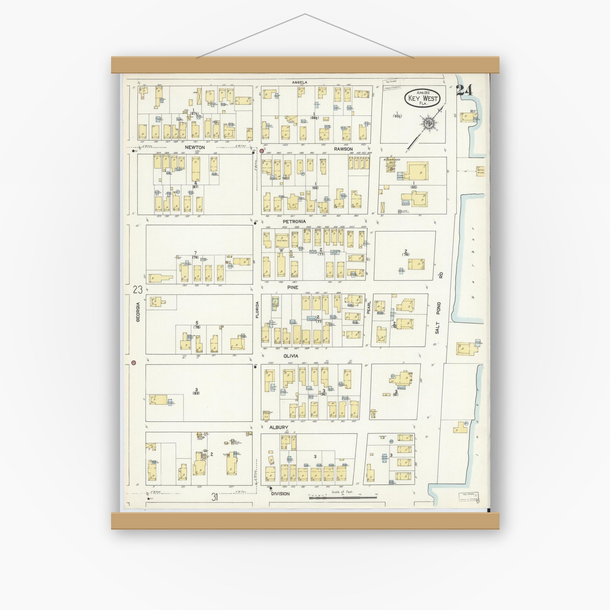 Old map wall art mockup — magnetic wood frame on white wall — Sanborn Fire Insurance Map from Key West, Monroe County, Florida (1912), Sheet #0024