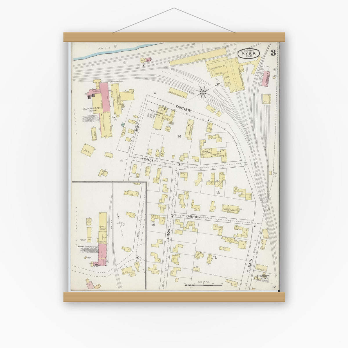 Old map wall art mockup — magnetic wood frame on white wall — Sanborn Fire Insurance Map from Ayer, Middlesex County, Massachusetts (1892), Sheet #0003