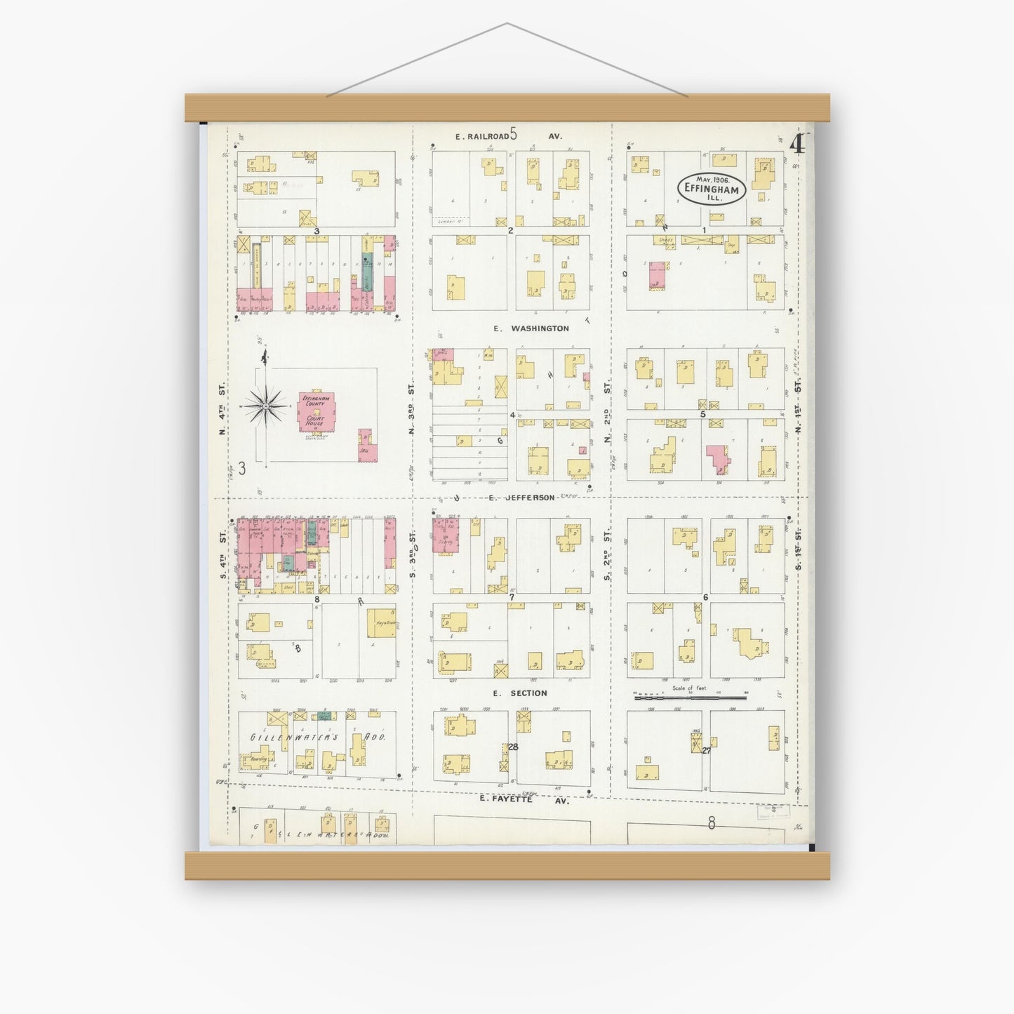 Old map wall art mockup — magnetic wood frame on white wall — Sanborn Fire Insurance Map from Effingham, Effingham County, Illinois (1906), Sheet #0004
