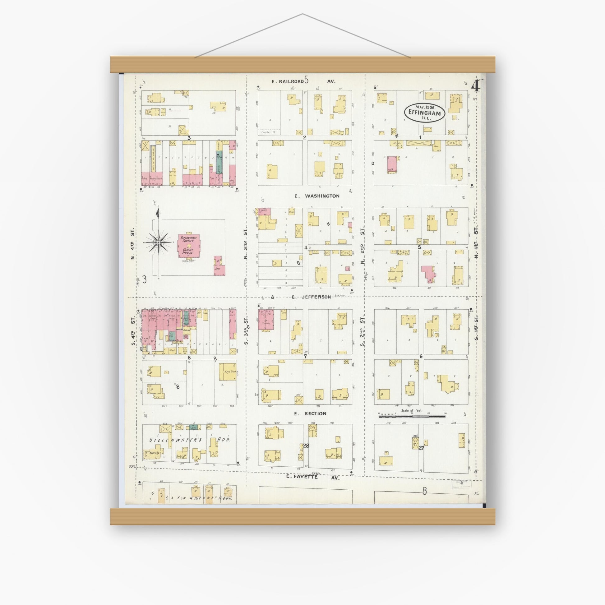 Old map wall art mockup — magnetic wood frame on white wall — Sanborn Fire Insurance Map from Effingham, Effingham County, Illinois (1906), Sheet #0004