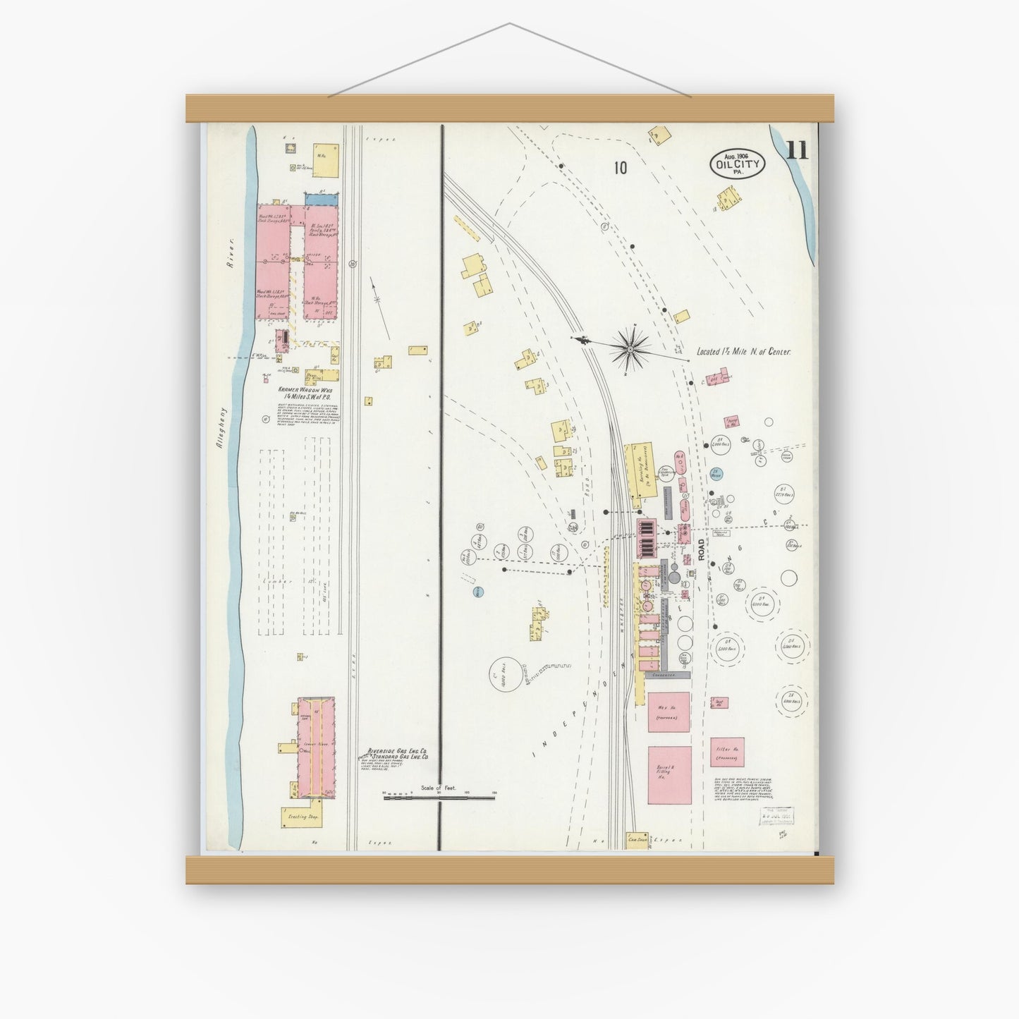 Old map wall art mockup — magnetic wood frame on white wall — Sanborn Fire Insurance Map from Oil City, Venango County, Pennsylvania (1906), Sheet #0011