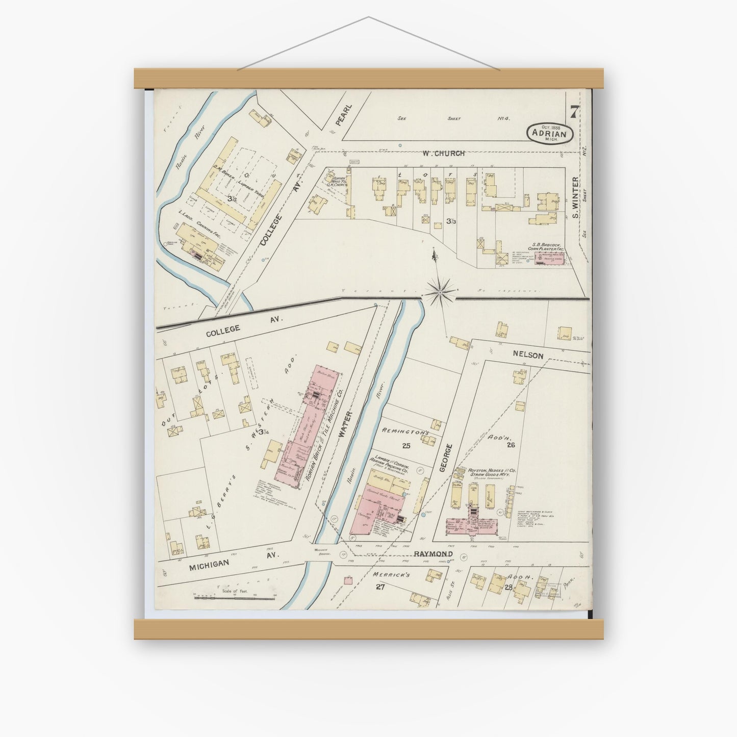 Old map wall art mockup — magnetic wood frame on white wall — Sanborn Fire Insurance Map from Adrian, Lenawee County, Michigan (1888), Sheet #0007