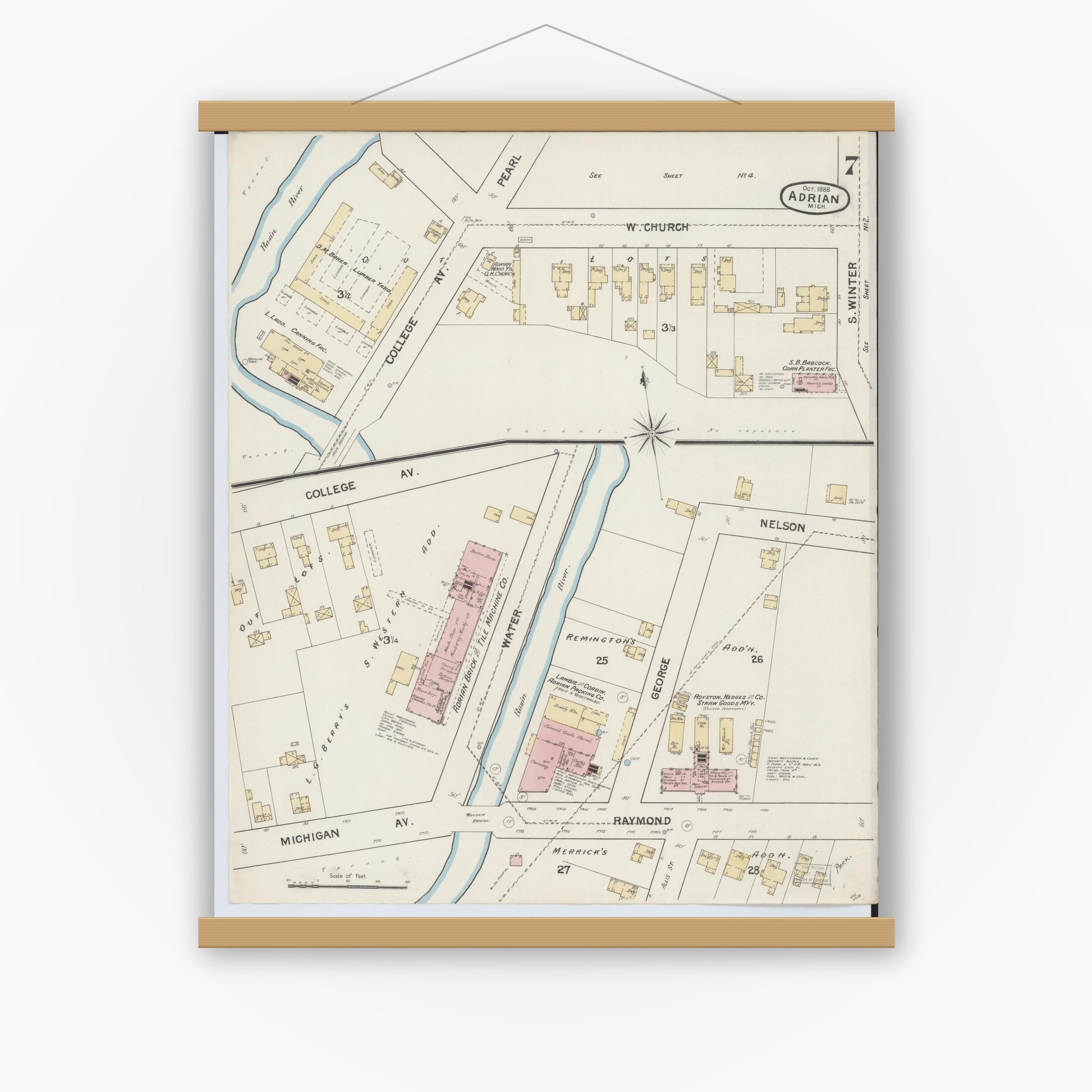 Old map wall art mockup — magnetic wood frame on white wall — Sanborn Fire Insurance Map from Adrian, Lenawee County, Michigan (1888), Sheet #0007