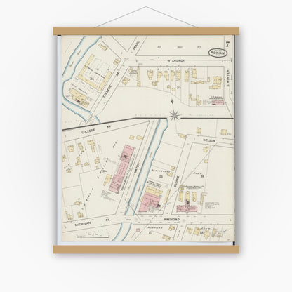 Old map wall art mockup — magnetic wood frame on white wall — Sanborn Fire Insurance Map from Adrian, Lenawee County, Michigan (1888), Sheet #0007