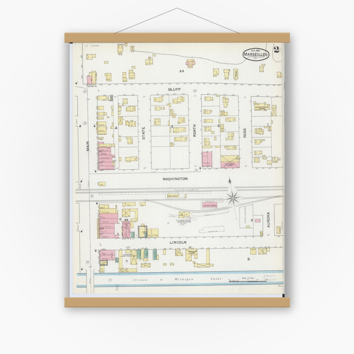 Old map wall art mockup — magnetic wood frame on white wall — Sanborn Fire Insurance Map from Marseilles, La Salle County, Illinois (1892), Sheet #0002