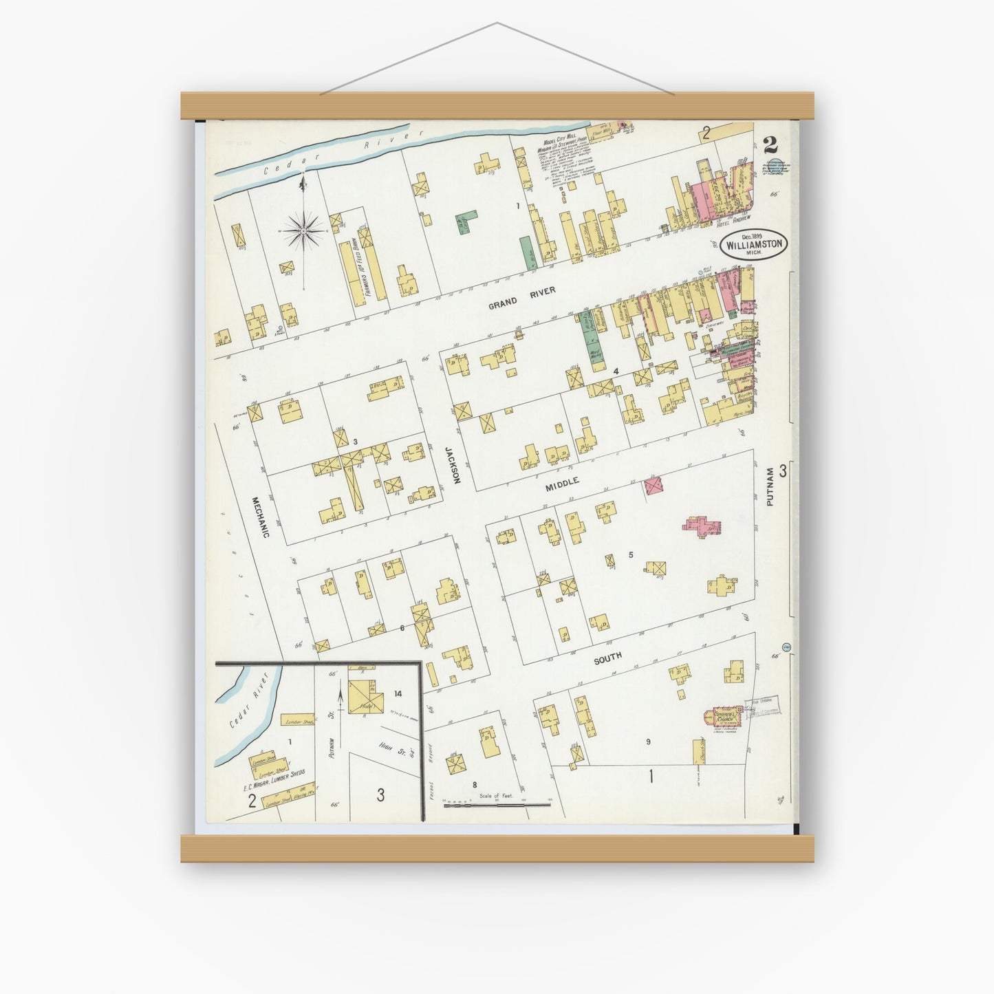 Old map wall art mockup — magnetic wood frame on white wall — Sanborn Fire Insurance Map from Williamston, Ingham County, Michigan (1899), Sheet #0002