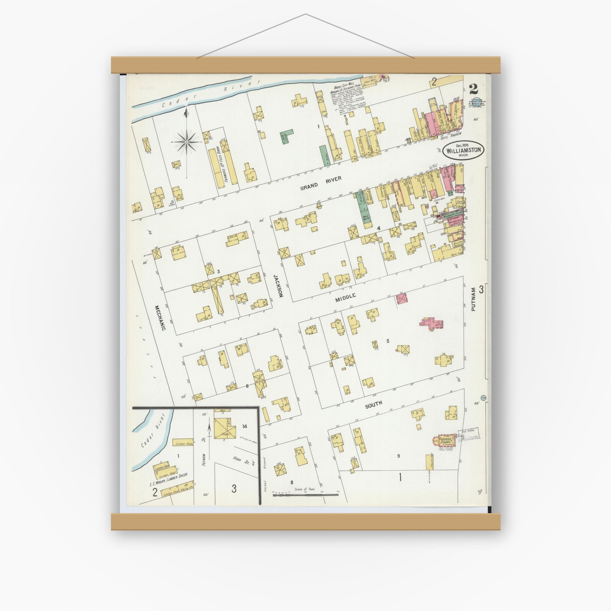 Old map wall art mockup — magnetic wood frame on white wall — Sanborn Fire Insurance Map from Williamston, Ingham County, Michigan (1899), Sheet #0002
