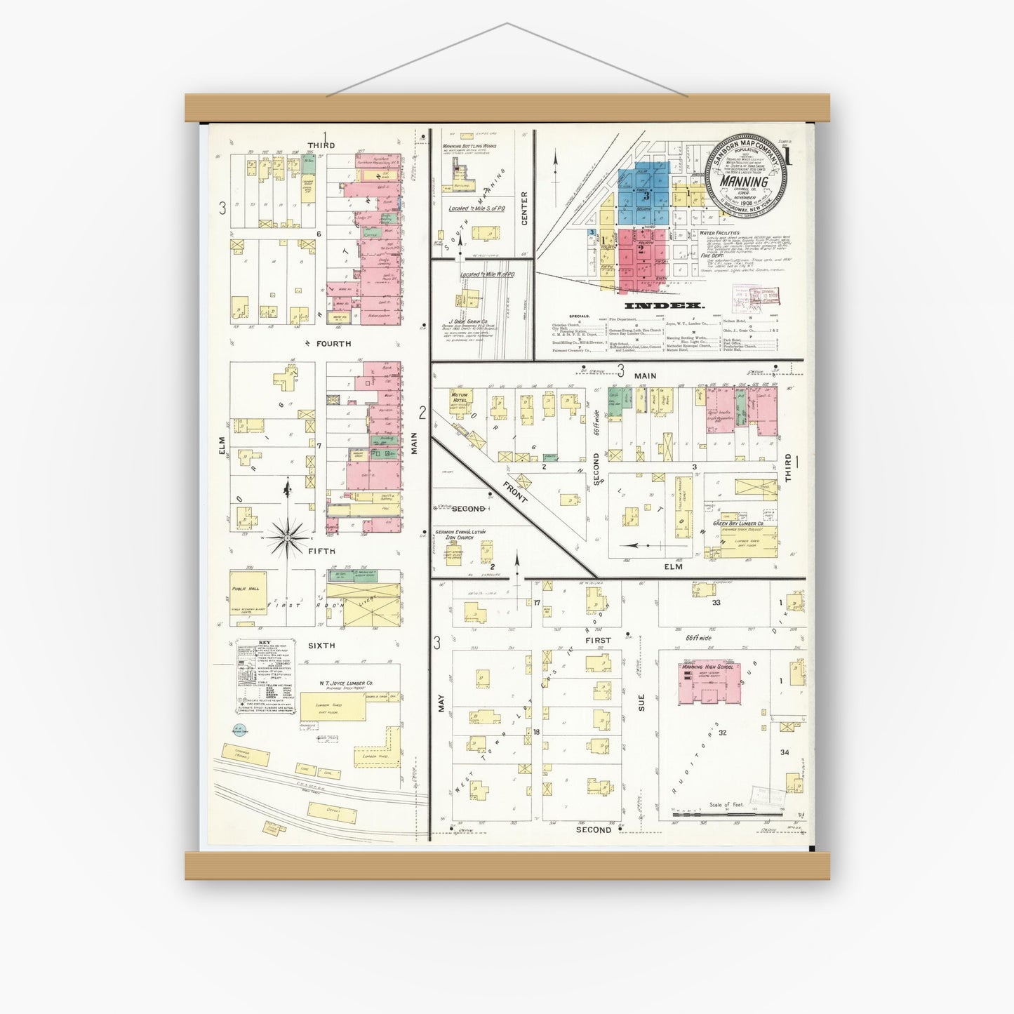 Old map wall art mockup — magnetic wood frame on white wall — Sanborn Fire Insurance Map from Manning, Carroll County, Iowa (1908), Sheet #0001