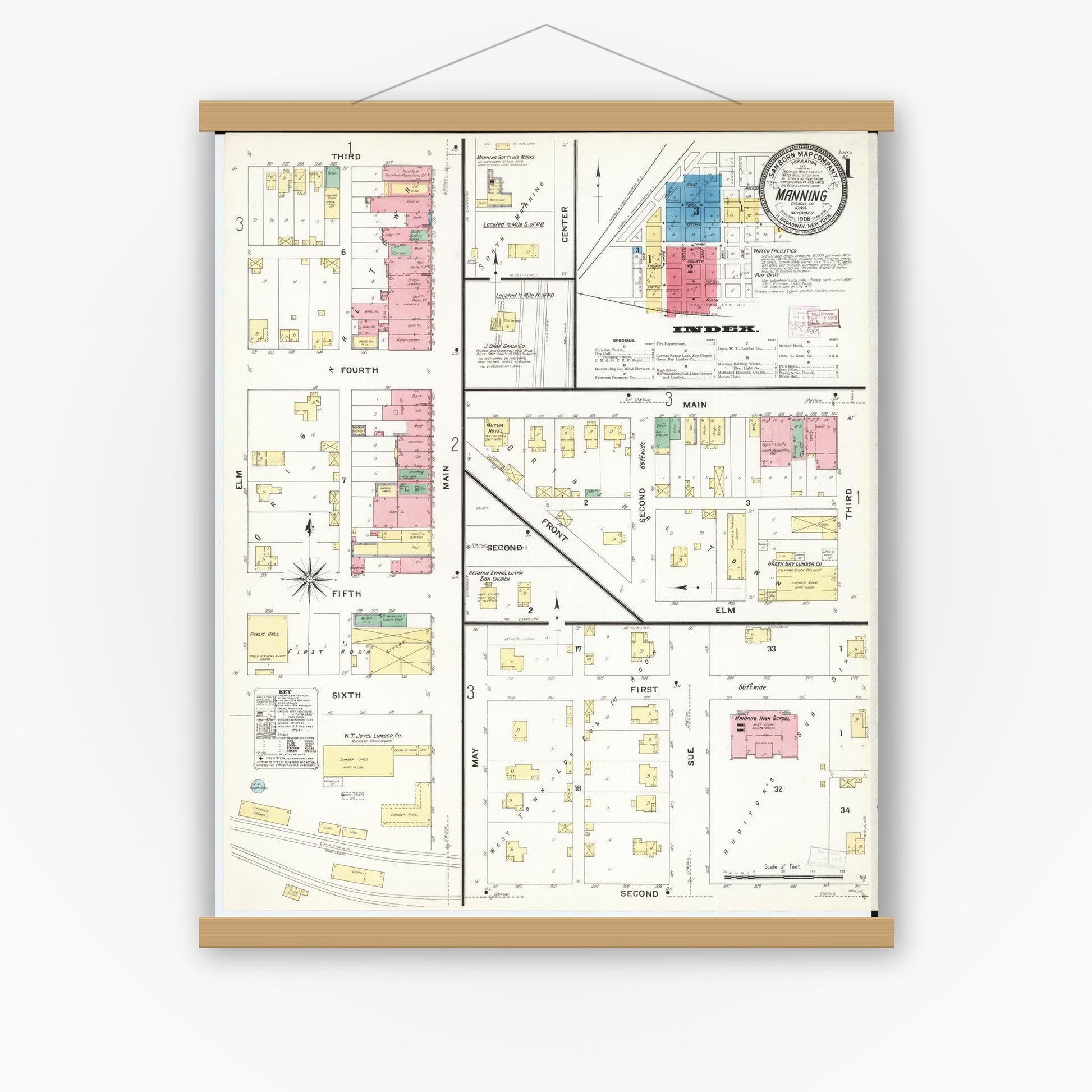 Old map wall art mockup — magnetic wood frame on white wall — Sanborn Fire Insurance Map from Manning, Carroll County, Iowa (1908), Sheet #0001