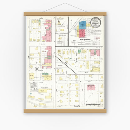 Old map wall art mockup — magnetic wood frame on white wall — Sanborn Fire Insurance Map from Manning, Carroll County, Iowa (1908), Sheet #0001