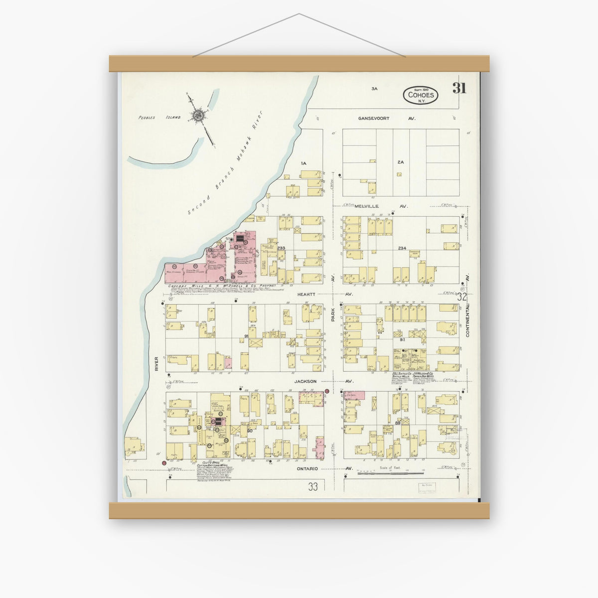 Old map wall art mockup — magnetic wood frame on white wall — Sanborn Fire Insurance Map from Cohoes, Albany County, New York (1910), Sheet #0031