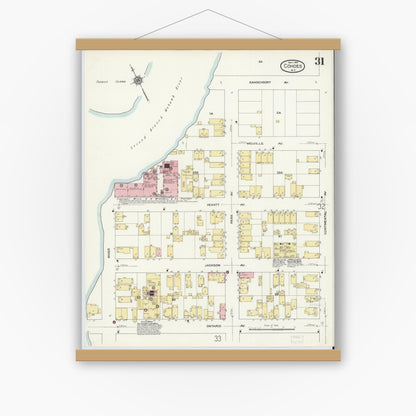 Old map wall art mockup — magnetic wood frame on white wall — Sanborn Fire Insurance Map from Cohoes, Albany County, New York (1910), Sheet #0031
