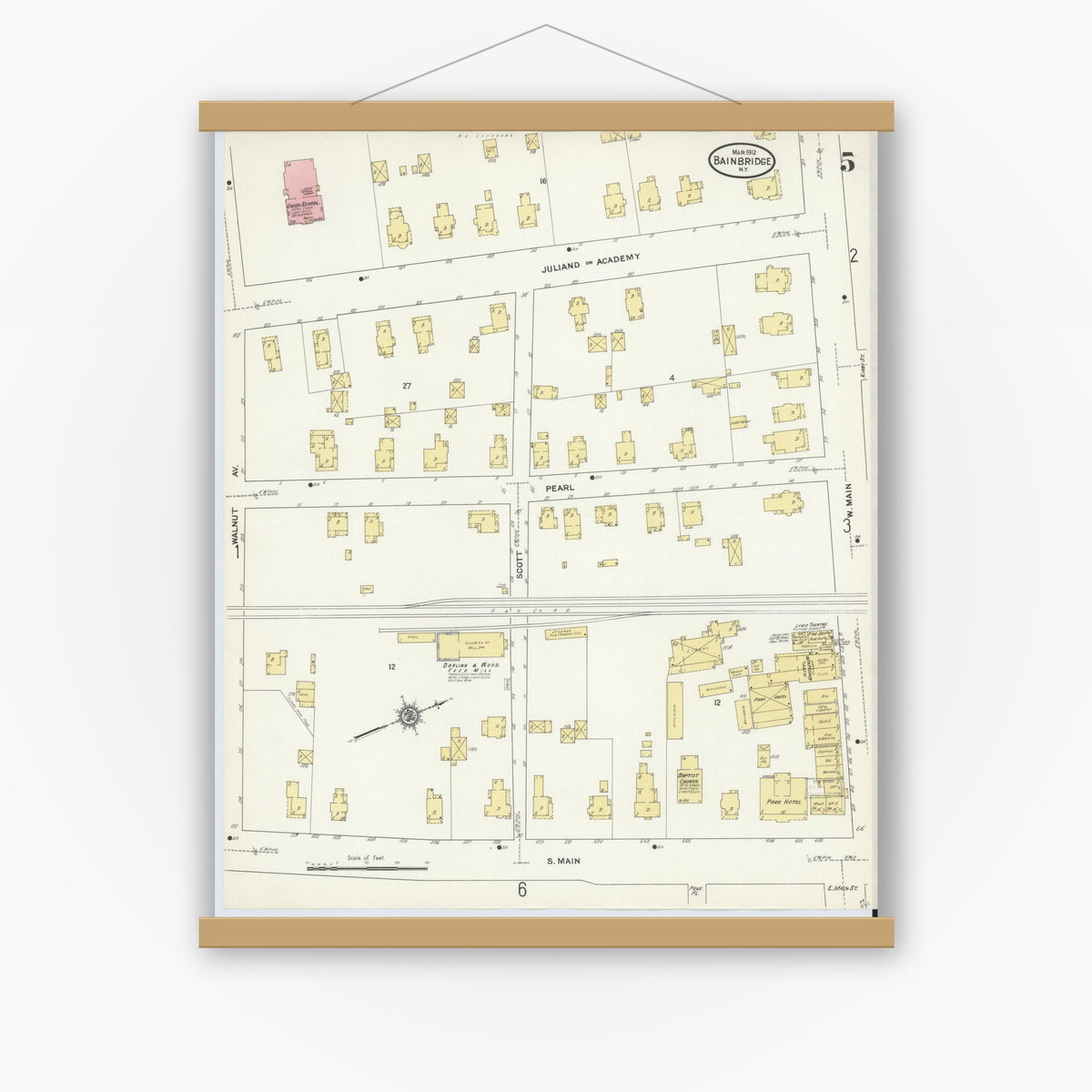 Old map wall art mockup — magnetic wood frame on white wall — Sanborn Fire Insurance Map from Bainbridge, Chenango County, New York (1912), Sheet #0005