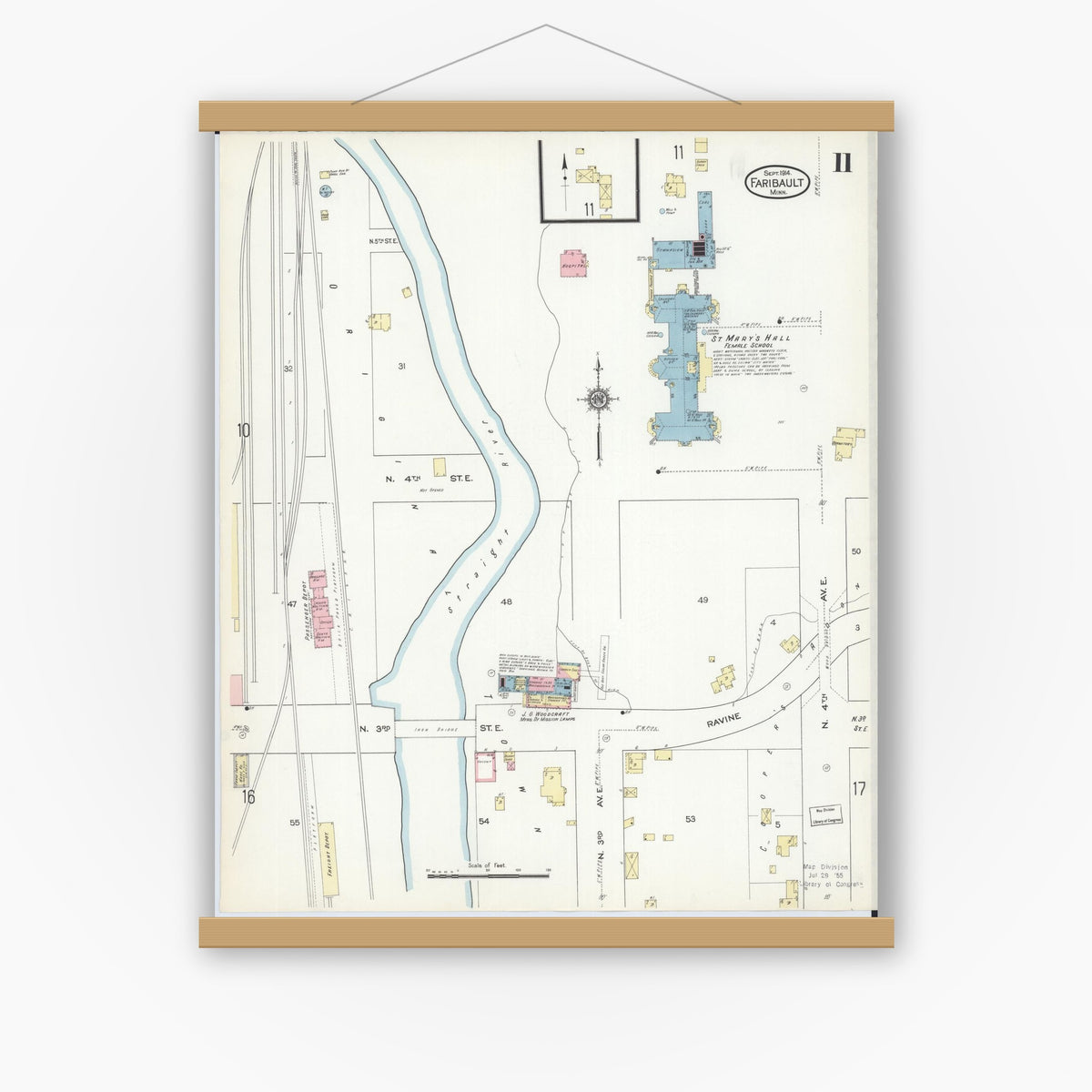 Old map wall art mockup — magnetic wood frame on white wall — Sanborn Fire Insurance Map from Faribault, Rice County, Minnesota (1914), Sheet #0011