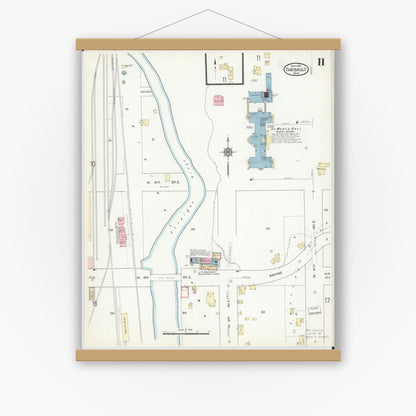 Old map wall art mockup — magnetic wood frame on white wall — Sanborn Fire Insurance Map from Faribault, Rice County, Minnesota (1914), Sheet #0011
