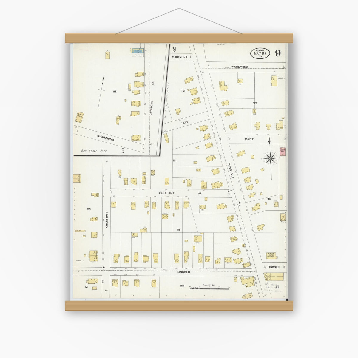 Old map wall art mockup — magnetic wood frame on white wall — Sanborn Fire Insurance Map from Sayre, Bradford County, Pennsylvania (1903), Sheet #0009