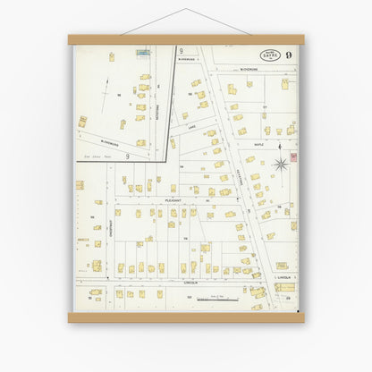 Old map wall art mockup — magnetic wood frame on white wall — Sanborn Fire Insurance Map from Sayre, Bradford County, Pennsylvania (1903), Sheet #0009