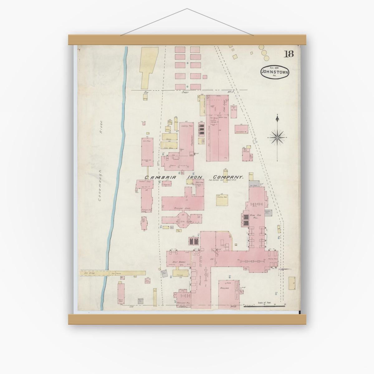 Old map wall art mockup — magnetic wood frame on white wall — Sanborn Fire Insurance Map from Johnstown, Cambria County, Pennsylvania (1891), Sheet #0018