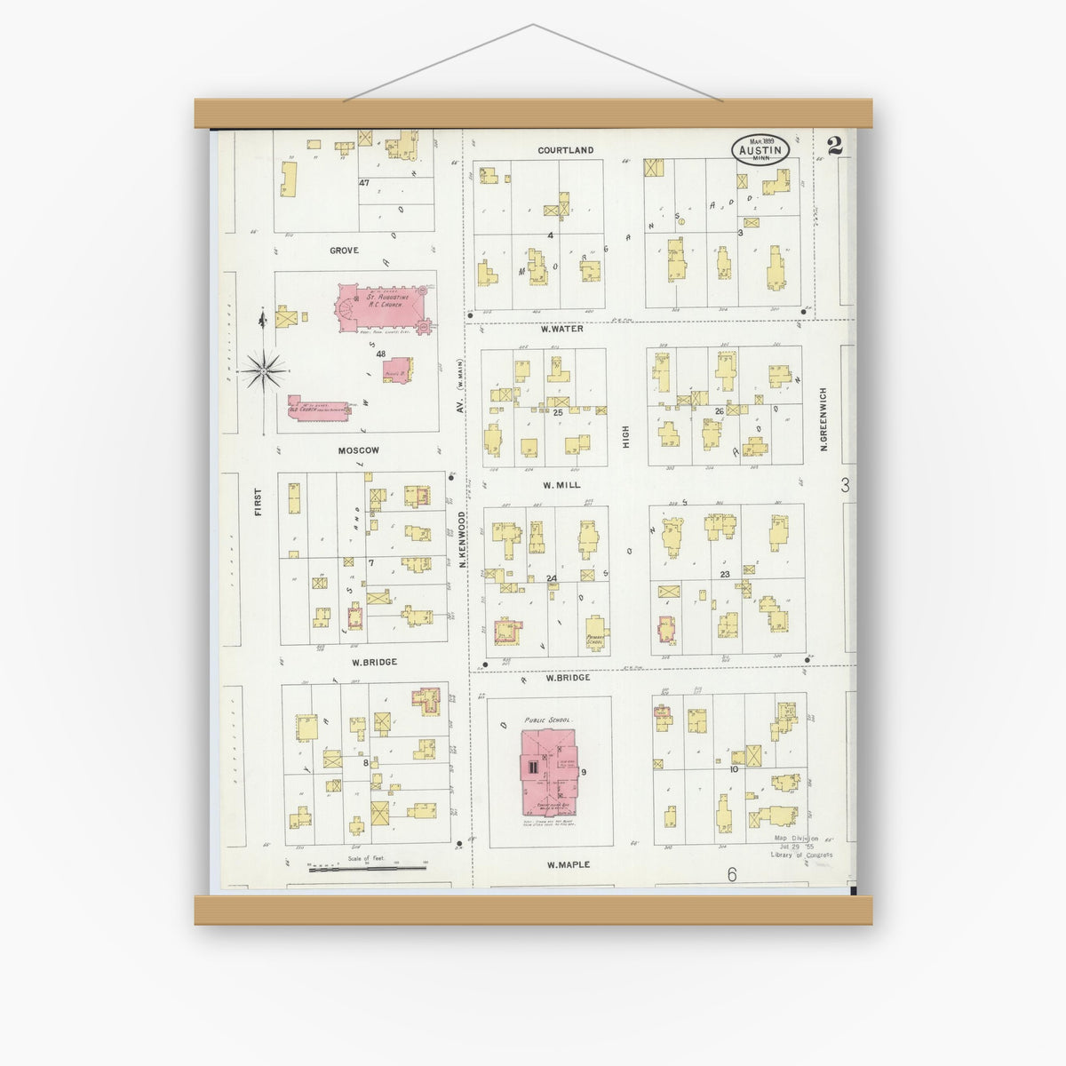 Old map wall art mockup — magnetic wood frame on white wall — Sanborn Fire Insurance Map from Austin, Mower County, Minnesota (1899), Sheet #0002