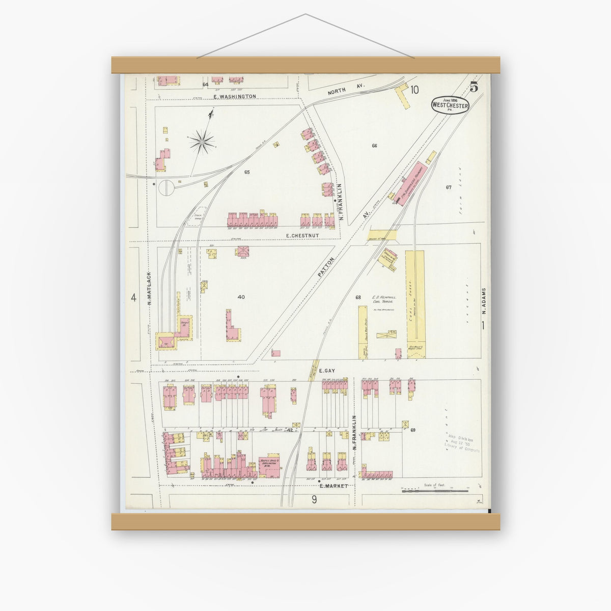 Old map wall art mockup — magnetic wood frame on white wall — Sanborn Fire Insurance Map from West Chester, Chester County, Pennsylvania (1896), Sheet #0005