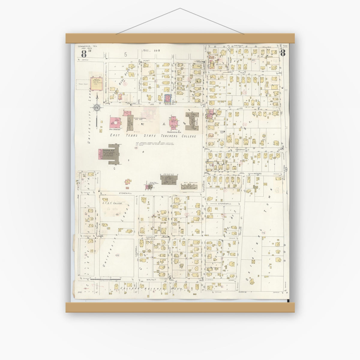 Old map wall art mockup — magnetic wood frame on white wall — Sanborn Fire Insurance Map from Commerce, Hunt County, Texas (1940), Sheet #0008