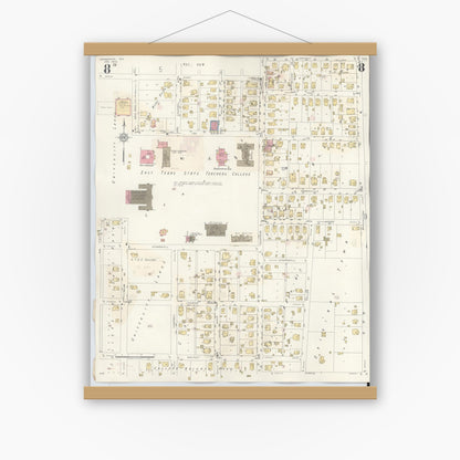 Old map wall art mockup — magnetic wood frame on white wall — Sanborn Fire Insurance Map from Commerce, Hunt County, Texas (1940), Sheet #0008