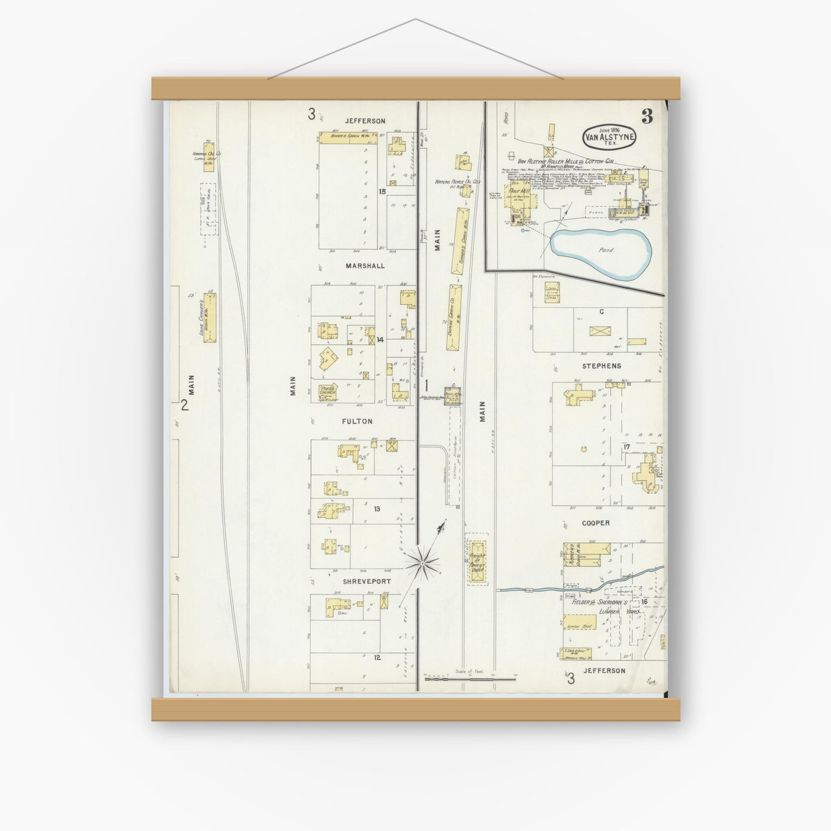 Old map wall art mockup — magnetic wood frame on white wall — Sanborn Fire Insurance Map from Van Alstyne, Grayson County, Texas (1896), Sheet #0003