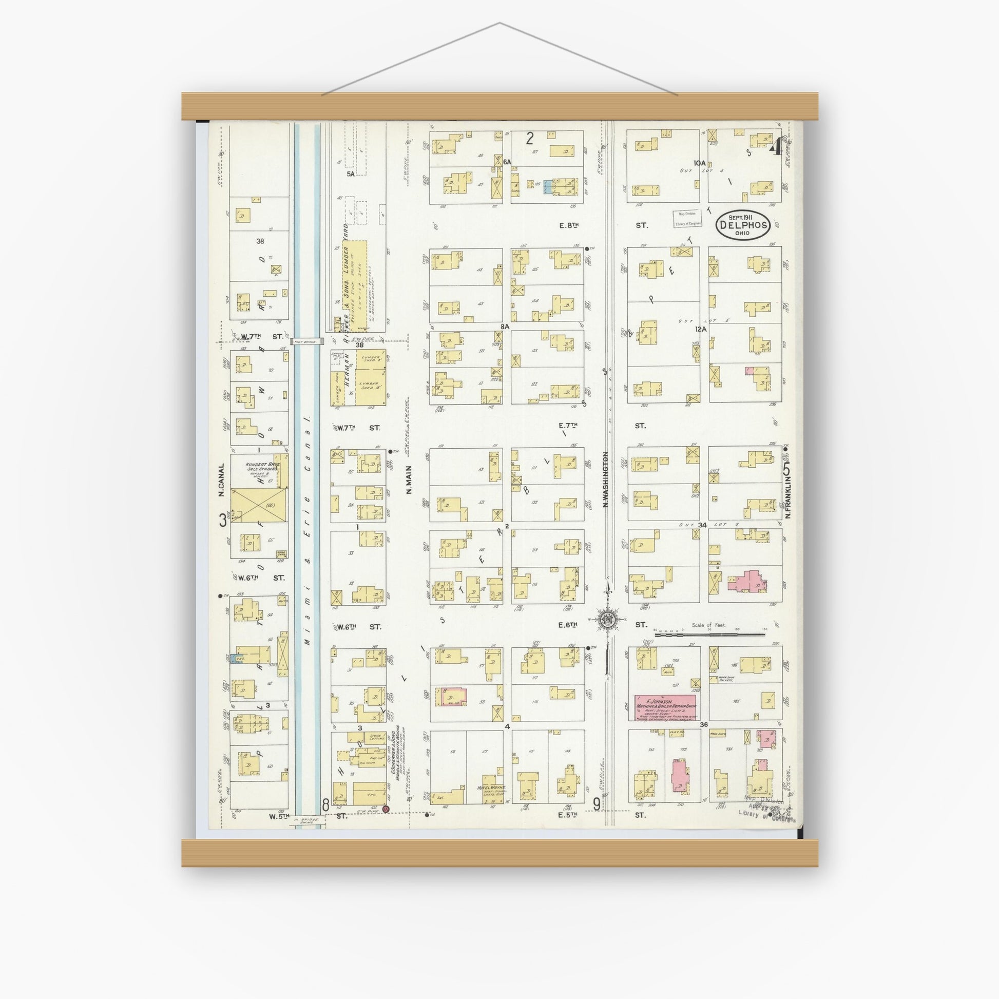 Old map wall art mockup — magnetic wood frame on white wall — Sanborn Fire Insurance Map from Delphos, Van Wert And Allen Counties, Ohio (1911), Sheet #0004