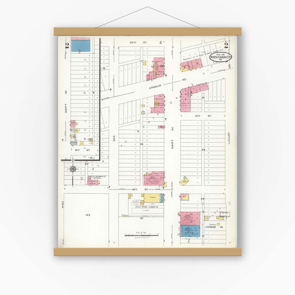 Old map wall art mockup — magnetic wood frame on white wall — Sanborn Fire Insurance Map from North Kansas City, Clay County, Missouri (1926), Sheet #0002