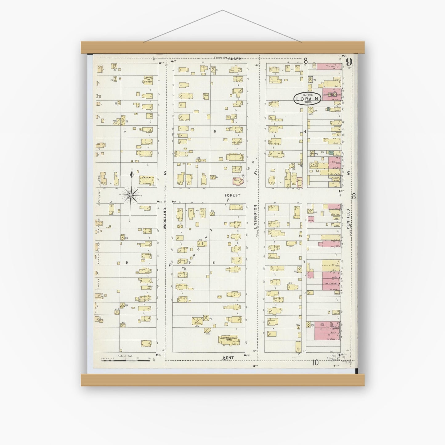 Old map wall art mockup — magnetic wood frame on white wall — Sanborn Fire Insurance Map from Lorain, Lorain County, Ohio (1896), Sheet #0009