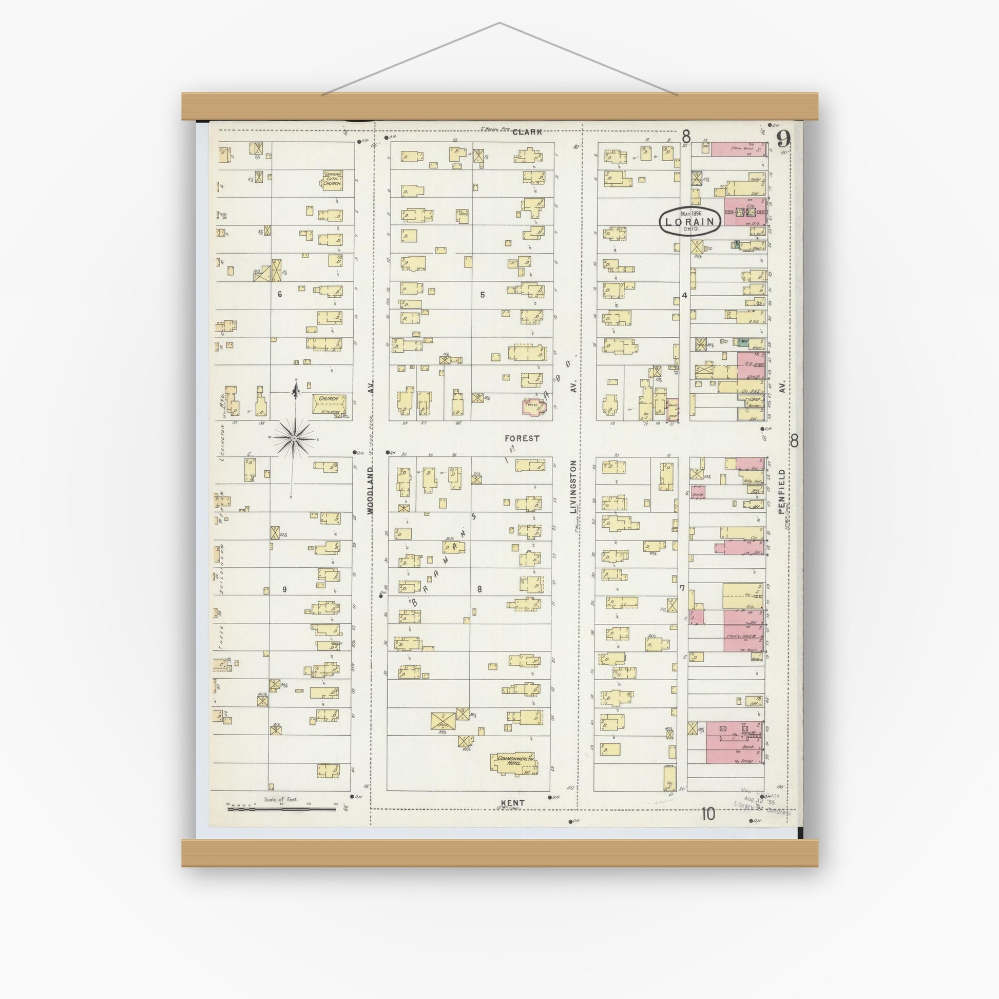 Old map wall art mockup — magnetic wood frame on white wall — Sanborn Fire Insurance Map from Lorain, Lorain County, Ohio (1896), Sheet #0009