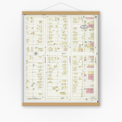 Old map wall art mockup — magnetic wood frame on white wall — Sanborn Fire Insurance Map from Lorain, Lorain County, Ohio (1896), Sheet #0009