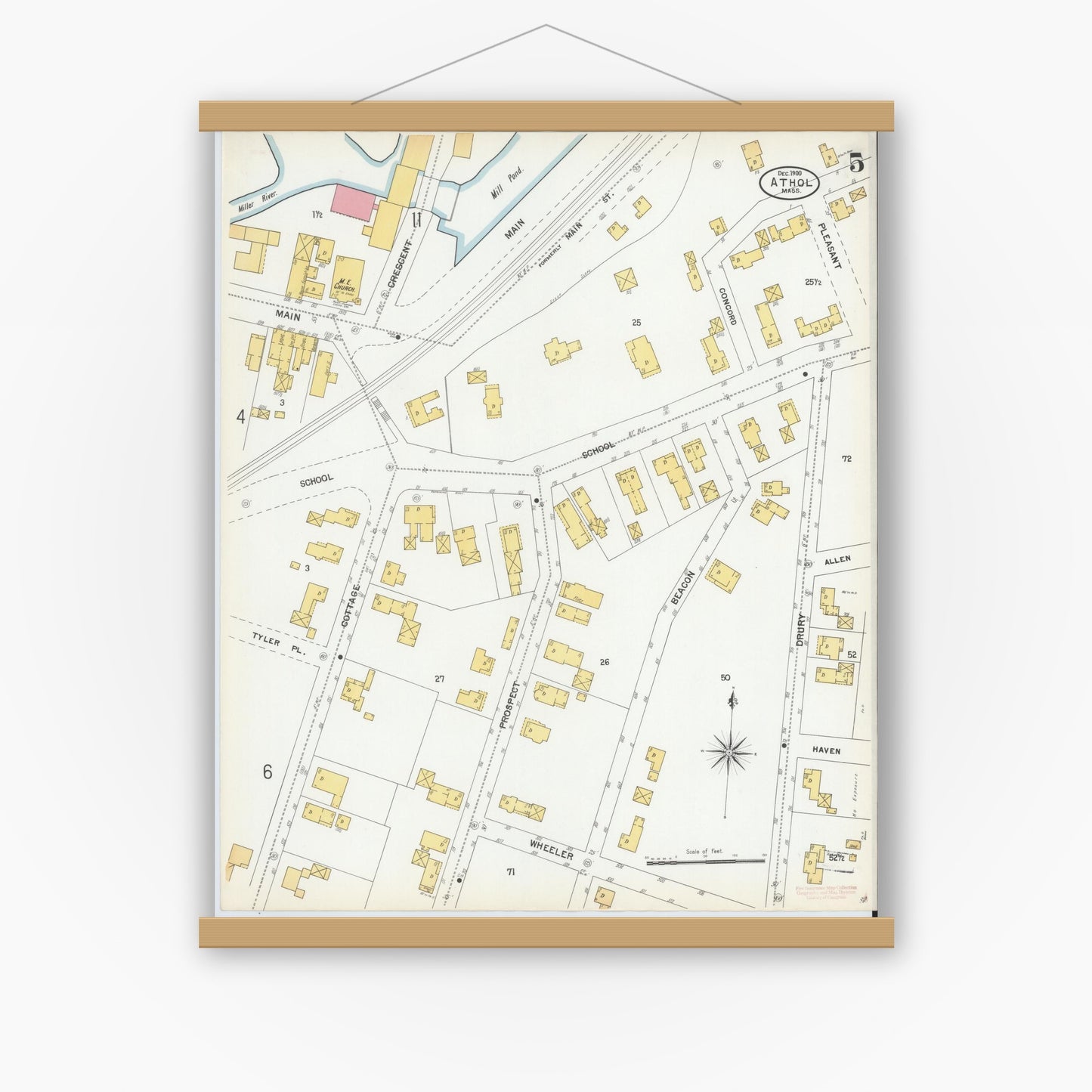 Old map wall art mockup — magnetic wood frame on white wall — Sanborn Fire Insurance Map from Athol, Worcester County, Massachusetts (1900), Sheet #0005