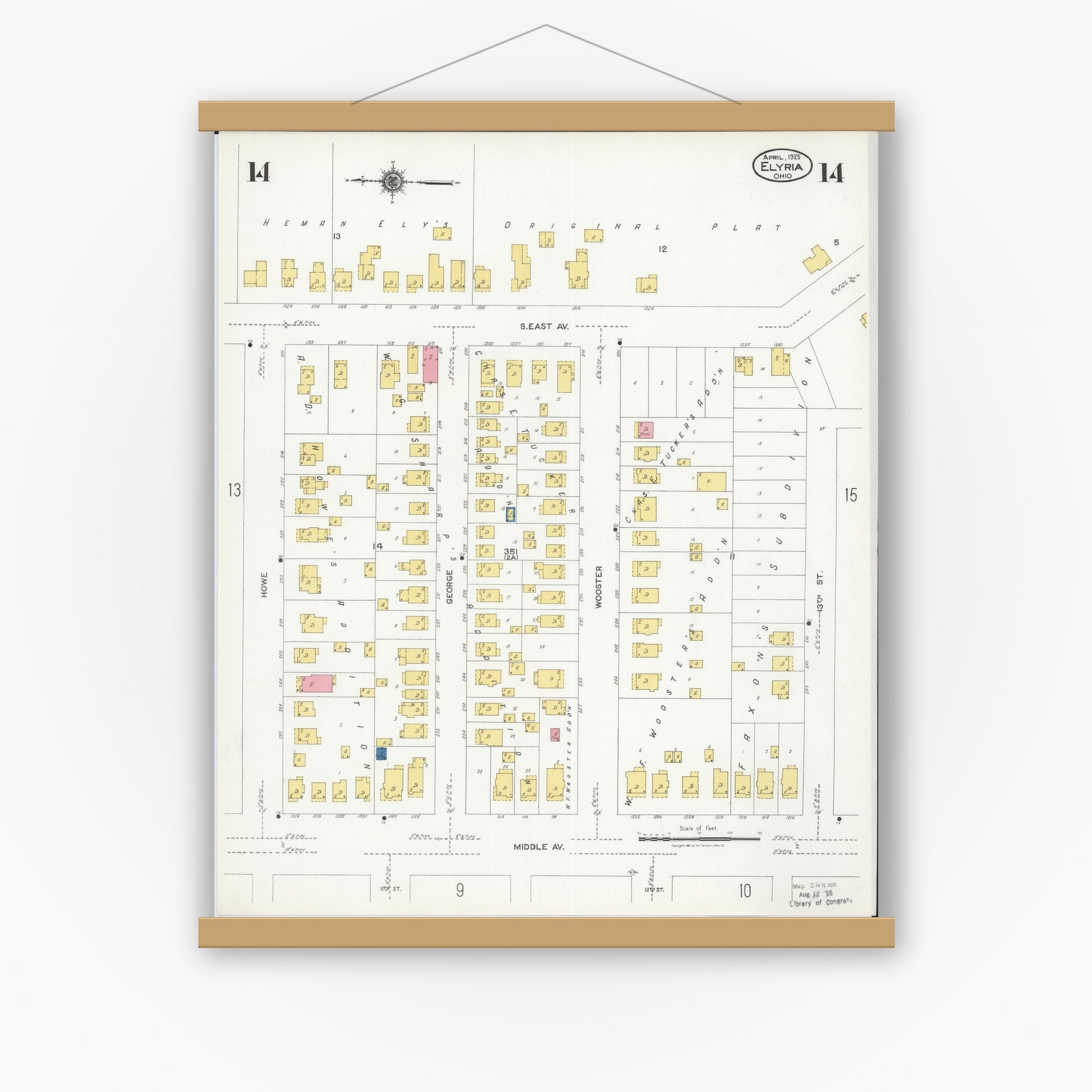 Old map wall art mockup — magnetic wood frame on white wall — Sanborn Fire Insurance Map from Elyria, Lorain County, Ohio (1925), Sheet #0014