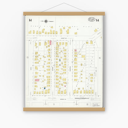 Old map wall art mockup — magnetic wood frame on white wall — Sanborn Fire Insurance Map from Elyria, Lorain County, Ohio (1925), Sheet #0014