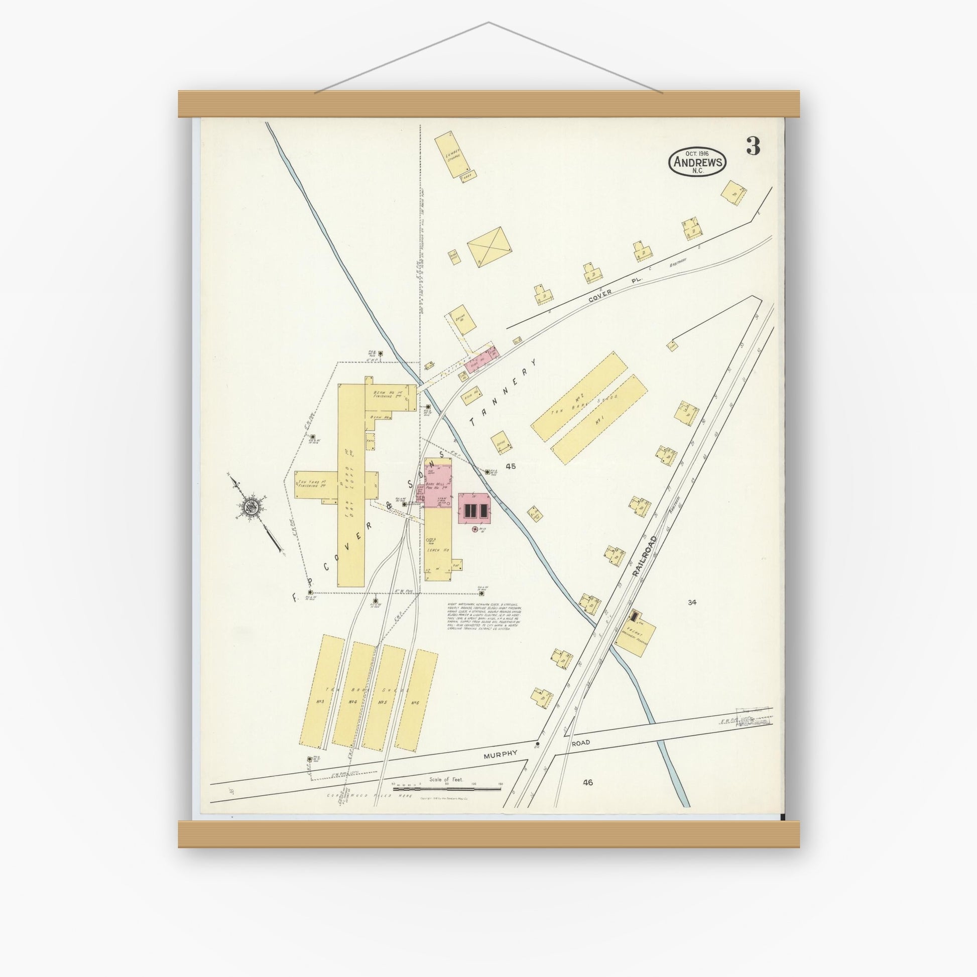 Old map wall art mockup — magnetic wood frame on white wall — Sanborn Fire Insurance Map from Andrews, Cherokee County, North Carolina (1916), Sheet #0003
