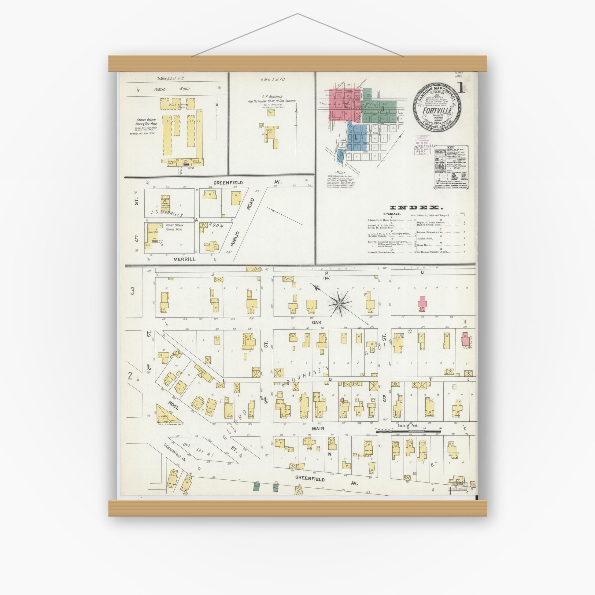 Old map wall art mockup — magnetic wood frame on white wall — Sanborn Fire Insurance Map from Fortville, Hancock County, Indiana (1903) - Complete Map Set