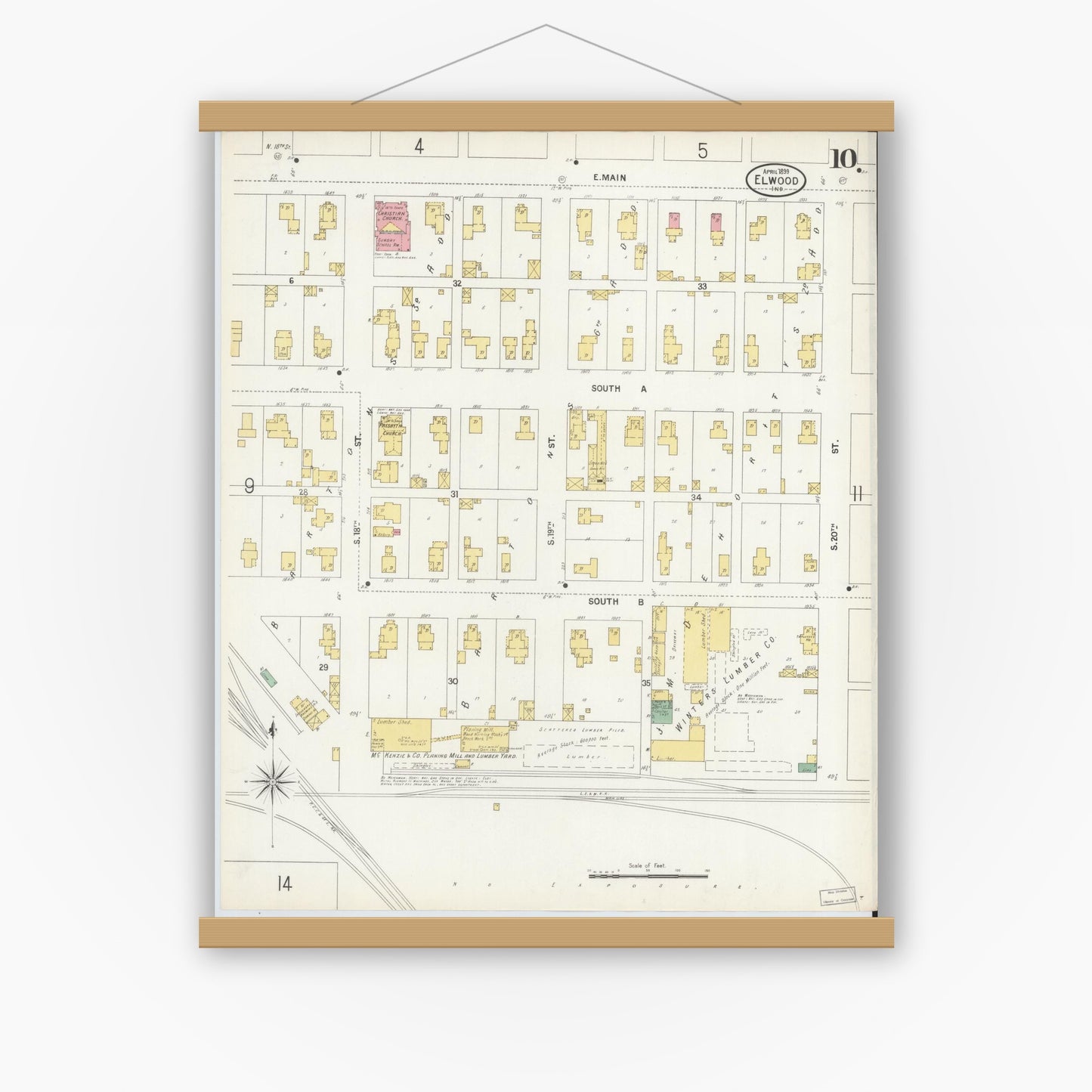 Old map wall art mockup — magnetic wood frame on white wall — Sanborn Fire Insurance Map from Elwood, Madison County, Indiana (1899), Sheet #0010