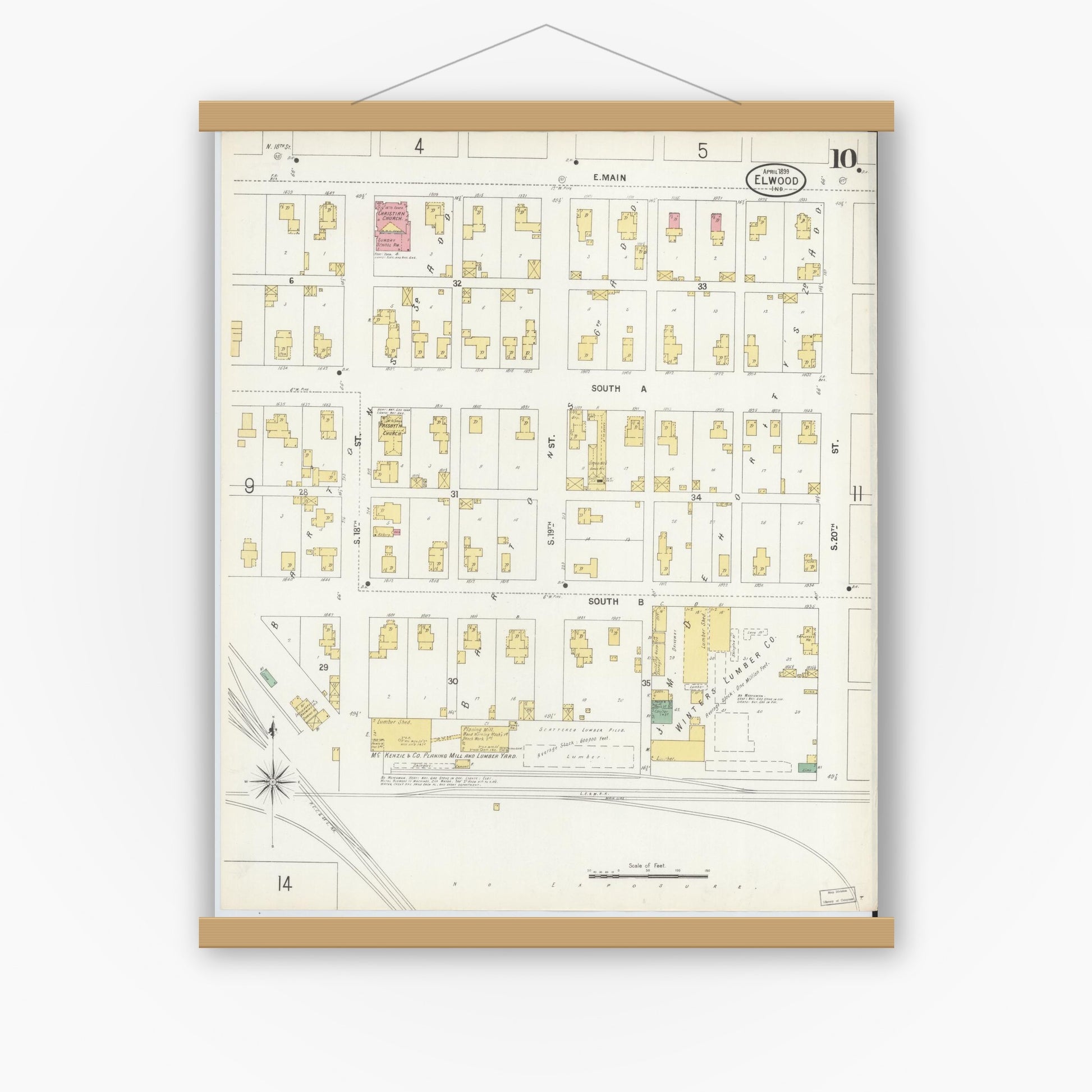 Old map wall art mockup — magnetic wood frame on white wall — Sanborn Fire Insurance Map from Elwood, Madison County, Indiana (1899), Sheet #0010